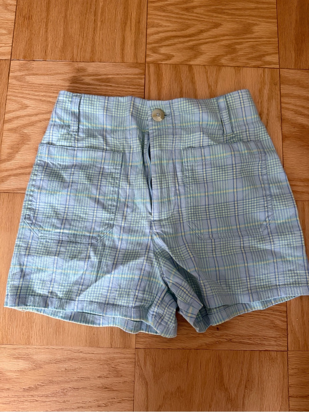 Maeve Light Blue Plaid High-Waist Shorts